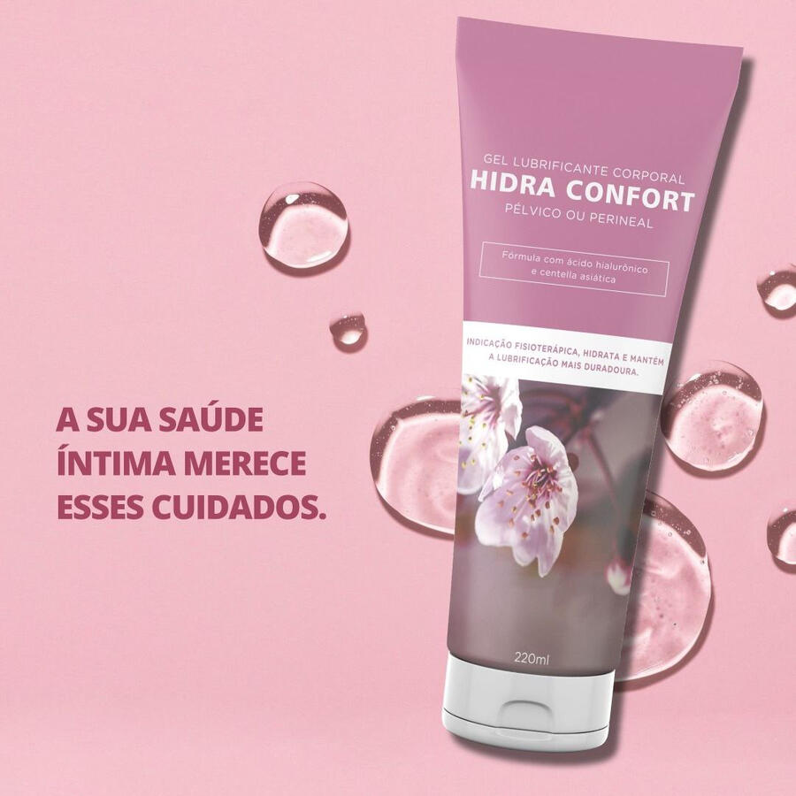 Hidra Comfort – Lubrificação natural e segura Foto do lubrificante íntimo Hidra Comfort da Dita’s Erotic Toys. Embalagem transparente com pump branco, sobre fundo claro. Produto leve, à base de água, ideal para mais conforto e suavidade.
